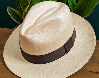 Genuine Ecuadorian White Panama Hat with Handmade Removable Band ~Red Grey and White Stripe ~ Handwoven Toquilla Palm Hat
