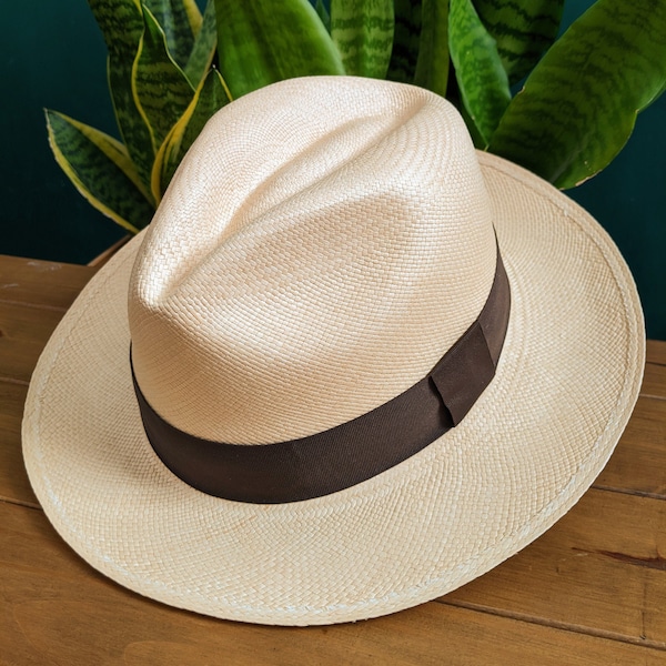 Genuine Ecuadorian Natural Panama Hat with Dark Brown Hat Band ~ Handwoven Toquilla Palm Hat