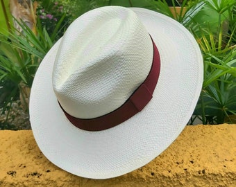 Genuine Ecuadorian White Panama Hat with Handmade Removable Elastic  Band ~ Burgundy Red ~ Handwoven Toquilla Palm Hat