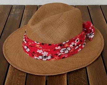 Genuine Ecuadorian Brown Panama Hat with Handmade Removable ~ Red Bow Design ~ Elastic Band Handwoven Toquilla Palm