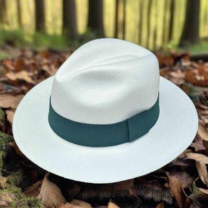 Genuine Ecuadorian White Panama Hat with Handmade Removable ~ Forest Green ~ Elastic Band Handwoven Toquilla Palm Hat