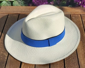 Genuine Ecuadorian White Panama Hat with Handmade Removable ~ Cobalt Blue ~ Elastic Band Handwoven From Toquilla Palm