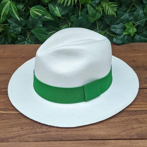 Genuine Ecuadorian White Panama Hat with Handmade Removable ~ Green ~ Elastic Band Handwoven Toquilla Palm Hat