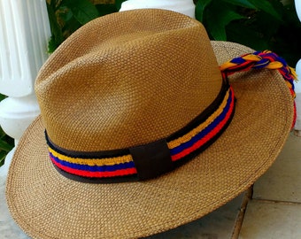 Genuine Ecuadorian Panama Hat Coffee Brown Coloured With Removable Band Ecuador Flag Colour Handwoven Toquilla Palm Hat  Fedora Hat Unique