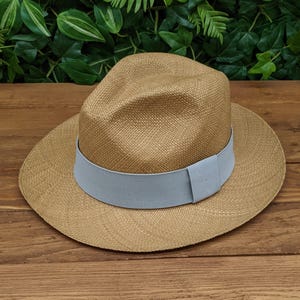 Genuine Ecuadorian Brown Panama Hat with Handmade Removable ~ Light Grey ~ Elastic Band Handwoven Toquilla Palm Hat