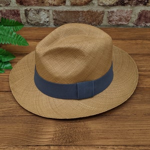 Genuine Ecuadorian Brown Panama Hat with Handmade Removable ~ Grey ~ Elastic Band Handwoven Toquilla Palm Hat