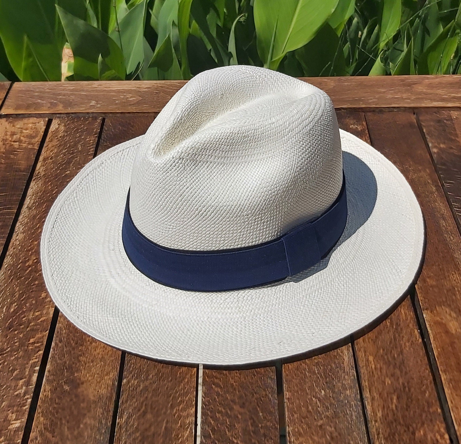 Genuine Ecuadorian White Panama Hat with Handmade Removable ~ Navy ~ Elastic Band Handwoven From Toquilla Palm