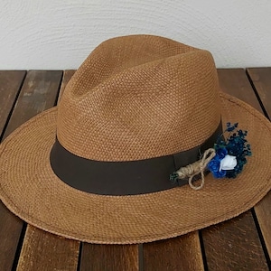 Genuine Ecuadorian Brown Panama Hat with Handmade Removable ~ Blue Flower Brooch Pin ~ Handwoven Toquilla Palm Hat