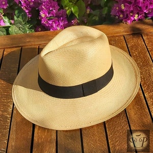 Genuine Ecuadorian Natural Panama Hat with Handmade Removable Navy Elastic Band Handwoven From Toquilla Palm image 2