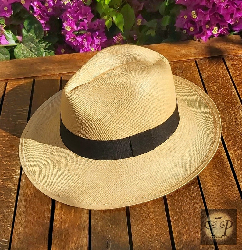 Genuine Ecuadorian Natural Panama Hat with Handmade Removable Navy Elastic Band Handwoven From Toquilla Palm image 2