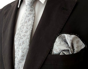 Handmade Satin Tie With Matching Pocket Square Wedding Best Man Groom Groomsmen Silver Grey Delicate Flowers