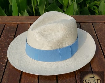 Genuine Ecuadorian White Panama Hat with Handmade Removable ~ Sky Blue ~ Elastic Band Handwoven Toquilla Palm Hat