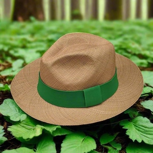 Genuine Ecuadorian Brown Panama Hat with Handmade Removable ~ Green ~ Elastic Band Handwoven Toquilla Palm Hat