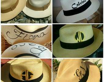 Custom Lettered Hand painted Genuine Ecuadorian Natural Panama Hat  ~ Handwoven Toquilla  Customised Request Names Words Etc