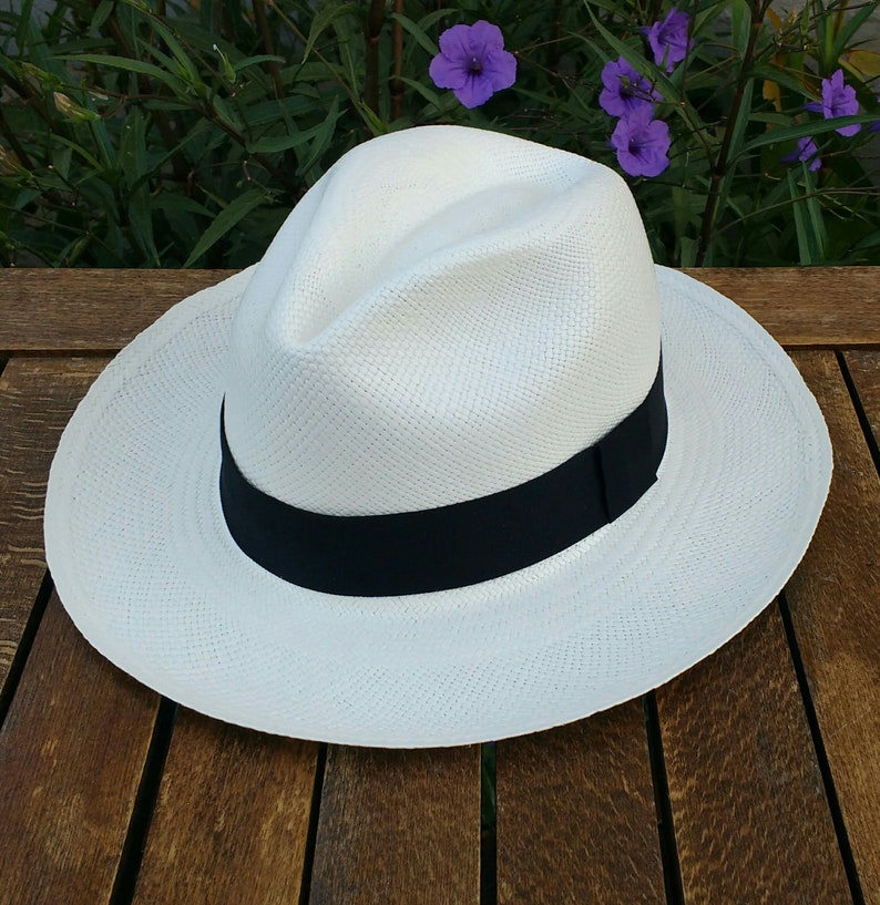 Genuine Ecuadorian White Panama Hat with Handmade Removable Band ~Red Grey and White Stripe ~ Handwoven Toquilla Palm Hat