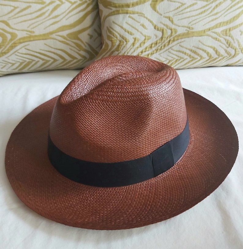 Genuine Ecuadorian Dark Brown Coloured Panama Hat Handwoven Toquilla Palm Hat Unique Hat Authentic Fedora Hat image 1