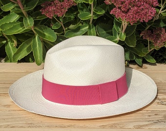 Genuine Ecuadorian White Panama Hat with Handmade Removable ~ Magenta Pink ~ Elastic Band Handwoven Toquilla Palm Hat