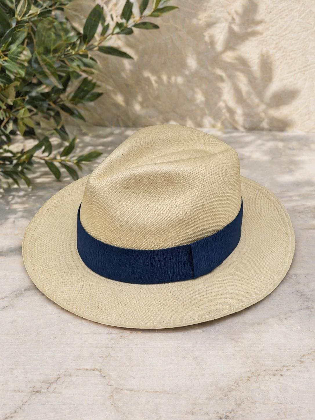 Genuine Natural Panama Hat With Removable Navy Blue Band