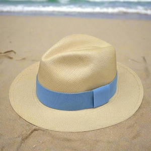 Genuine Ecuadorian Natural Panama Hat with Handmade Removable ~ Sky Blue ~ Elastic Band Handwoven Toquilla Palm Hat