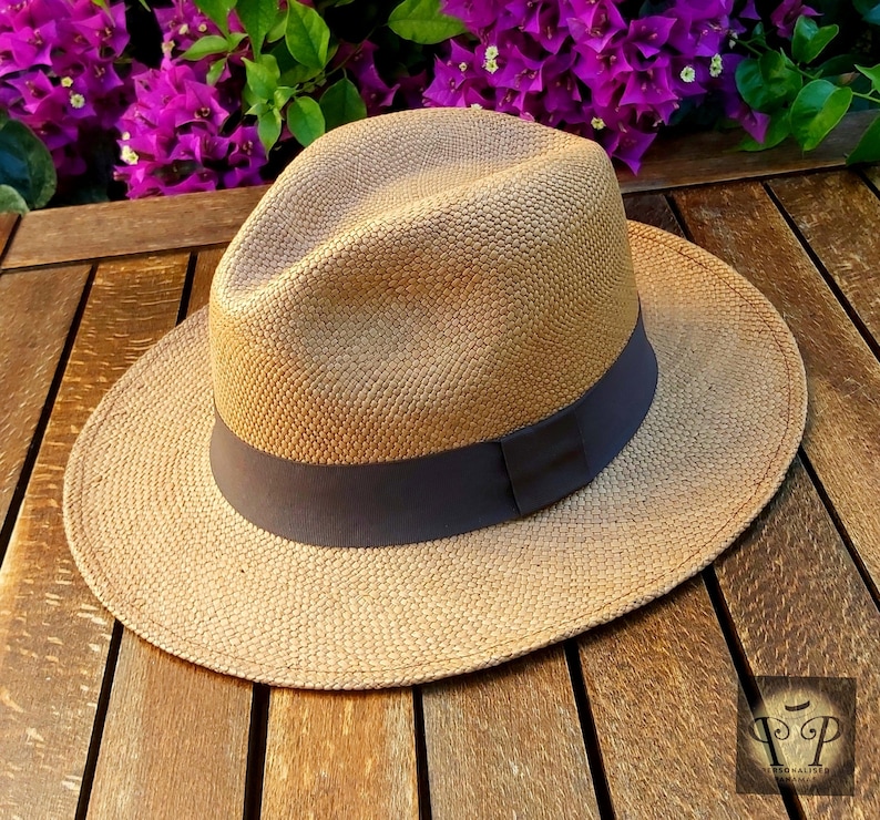 Véritable chapeau de Panama de couleur marron café équatorien, tissé à la main, chapeau de paume Toquilla, chapeau unique, chapeau Fedora authentique image 1