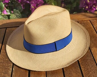 Genuine Ecuadorian Natural Panama Hat with Handmade Removable ~ Cobalt Blue ~ Elastic Band Handwoven From Toquilla Palm