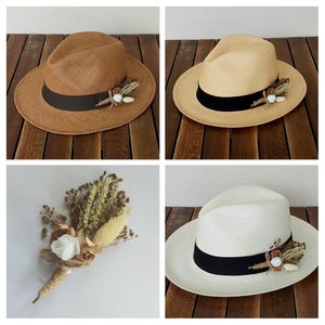 Genuine Ecuadorian Natural White or Brown Panama Hat with Handmade Removable ~ Flower Brooch Pin ~ Elastic Band Handwoven Toquilla Palm Hat