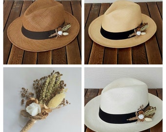 Cappello Panama autentico ecuadoriano bianco o marrone naturale con spilla a forma di fiore rimovibile fatta a mano ~ Cappello di palma Toquilla intrecciato a mano con elastico