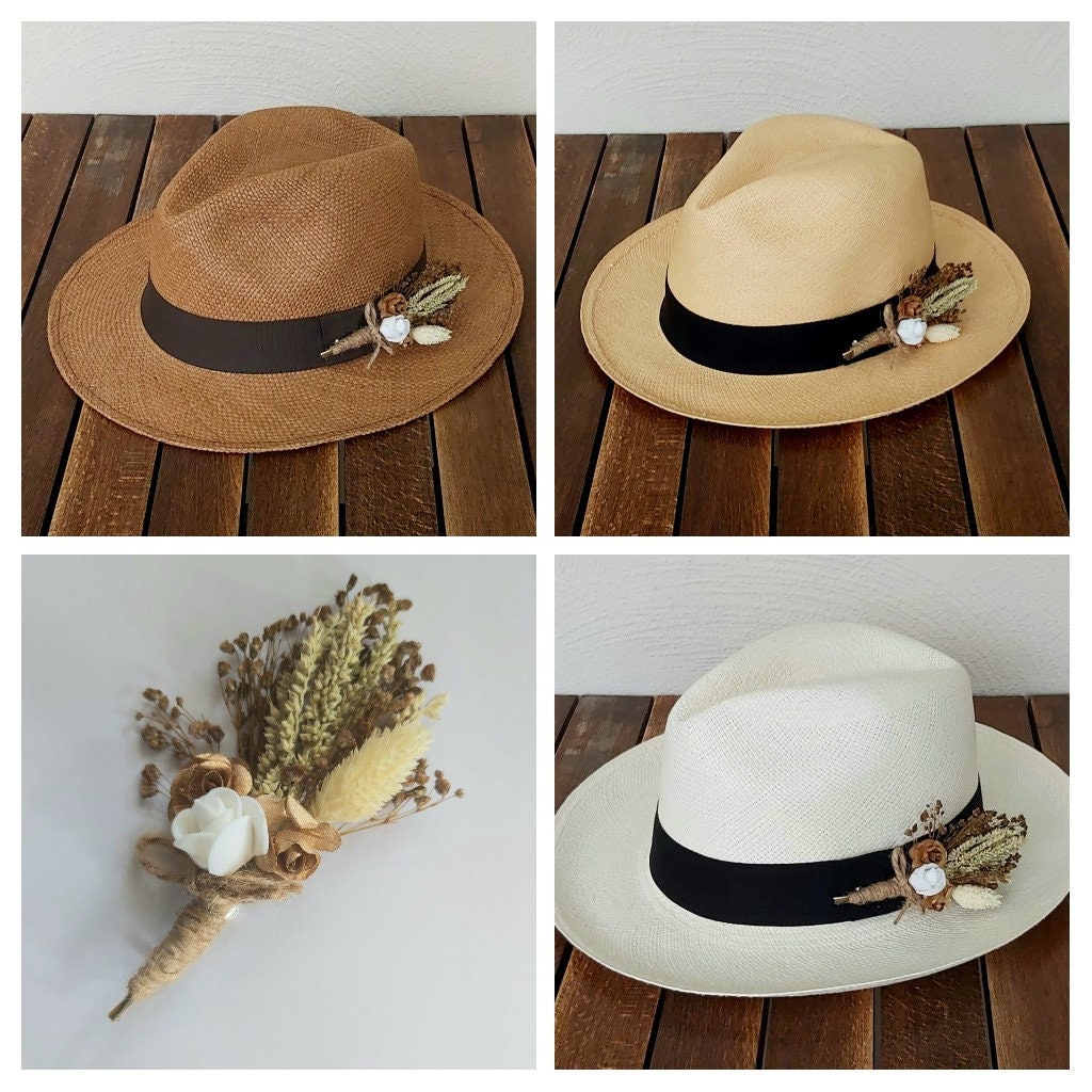 Genuine Ecuadorian Natural White or Brown Panama Hat with Handmade Removable ~ Flower Brooch Pin ~ Elastic Band Handwoven Toquilla Palm Hat