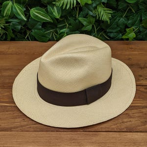 May include: A light brown Panama hat with a wide brim and a black ribbon band.