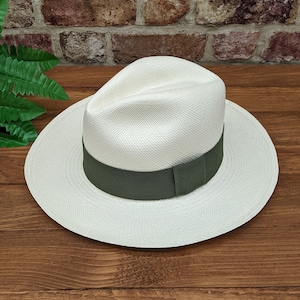 Genuine Ecuadorian White Panama Hat with Handmade Removable ~ Olive Green ~ Elastic Band Handwoven From Toquilla Palm
