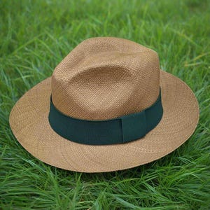 Genuine Ecuadorian Brown Panama Hat with Handmade Removable ~ Forest Green ~ Elastic Band Handwoven Toquilla Palm Hat