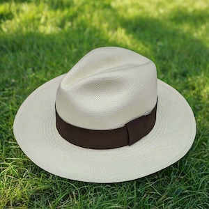 Genuine Ecuadorian White Panama Hat with Handmade Removable ~ Chocolate Brown ~ Elastic Band , Handwoven From Toquilla Palm