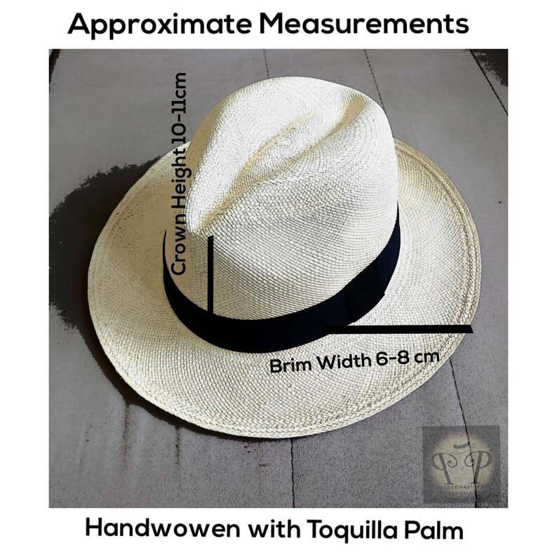 May include: A cream-colored, handwoven hat made from toquilla palm, featuring a black band. The crown height is approximately 4-4.3 inches, and the brim width is 2.4-3.1 inches. The text reads "Approximate Measurements" and "Handwoven with Toquilla Palm".