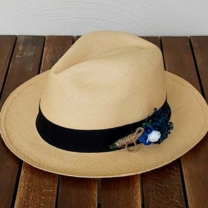 Genuine Ecuadorian Natural Panama Hat with Handmade Removable ~ Blue Flower Brooch Pin ~ Handwoven Toquilla Palm Hat