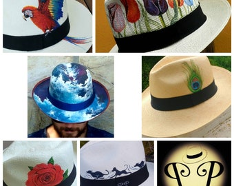 Custom Hand painted Genuine Ecuadorian Natural Panama Hat ~ Handwoven Toquilla Customised Request Birds Flowers Butterfly Anything You Like