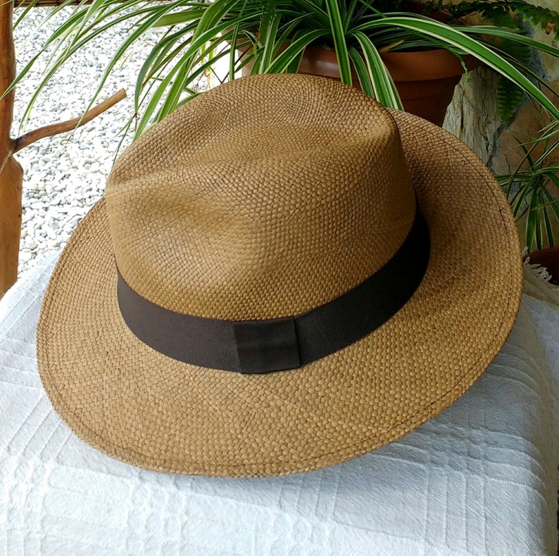 Véritable chapeau de Panama de couleur marron café équatorien, tissé à la main, chapeau de paume Toquilla, chapeau unique, chapeau Fedora authentique image 3