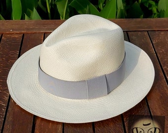 Genuine Ecuadorian White Panama Hat with Handmade Removable ~ Light Grey ~ Elastic Band Handwoven Toquilla Palm Hat