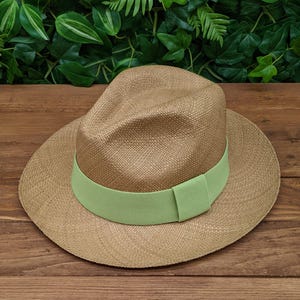Genuine Ecuadorian Brown Panama Hat with Handmade Removable ~ Pistachio Green ~ Elastic Band Handwoven Toquilla Palm Hat