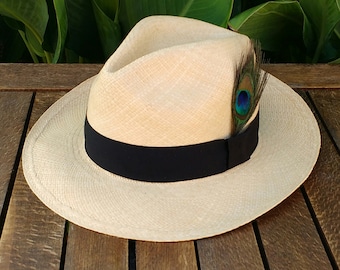 Genuine Natural Panama Hat with Peacock Feather - Handwoven Ecuador Toquilla Hat, Travel Sun Hat, Summer Hat, Men’s Women’s Fedora Hat