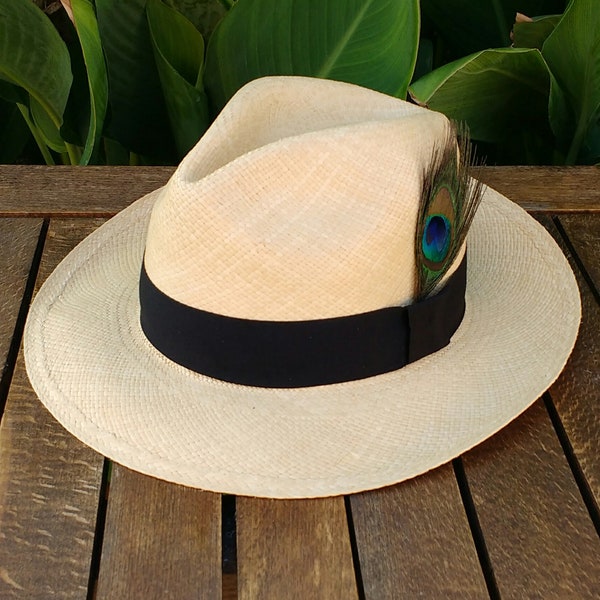 Genuine Ecuadorian Natural Panama Hat with Removable Peacock Feather  ~ Handwoven Toquilla Palm Hat