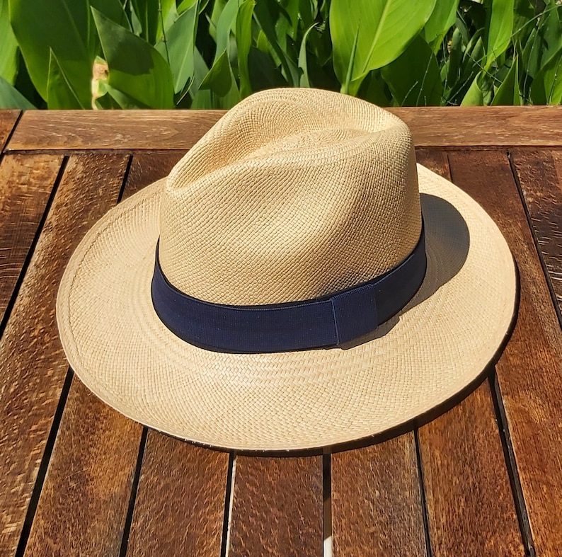 Genuine Ecuadorian Natural Panama Hat with Handmade Removable Navy Elastic Band Handwoven From Toquilla Palm image 1