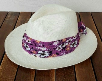 Genuine Ecuadorian White Panama Hat with Handmade Removable ~ Purple Bow Design ~ Elastic Band Handwoven Toquilla Palm