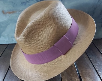 Genuine Ecuadorian Brown Panama Hat with Handmade Removable ~ Lilac ~ Elastic Band Handwoven Toquilla Palm Hat