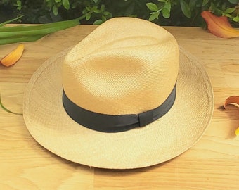 Genuine Ecuadorian Natural Panama Hat with Pinched Grey Band ~ Handmade / Handwoven Toquilla Palm Hat ~  55cm