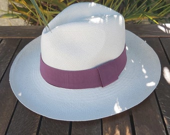 Genuine Ecuadorian White Panama Hat with Handmade Removable ~ Lilac ~ Elastic Band Handwoven Toquilla Palm Hat