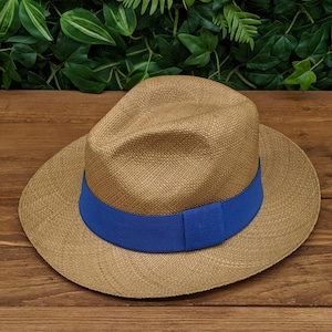 Genuine Ecuadorian Brown Panama Hat with Handmade Removable ~ Cobalt Blue ~ Elastic Band Handwoven Toquilla Palm Hat