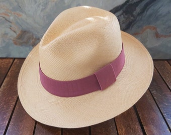 Genuine Ecuadorian Natural Panama Hat with Handmade Removable ~ Lilac ~ Elastic Band Handwoven Toquilla Palm Hat