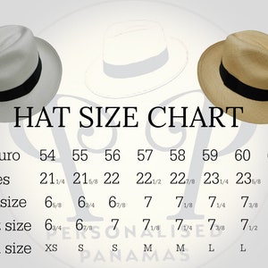 May include: Image of a hat size chart with measurements in inches and centimeters. The chart includes hat sizes from 21 1/4 inches to 24 1/2 inches, and corresponding Euro sizes from 54 to 62. The chart also shows UK and USA hat sizes.