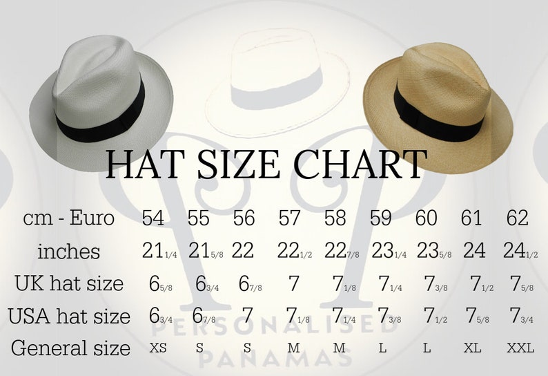 May include: Image of a hat size chart with measurements in inches and centimeters. The chart includes hat sizes from 21 1/4 inches to 24 1/2 inches, and corresponding Euro sizes from 54 to 62. The chart also shows UK and USA hat sizes.