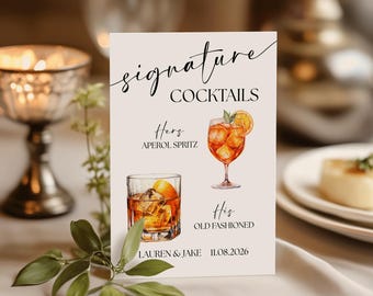 Letrero de cócteles de boda, menú de bebidas para él y para ella, letrero de bar